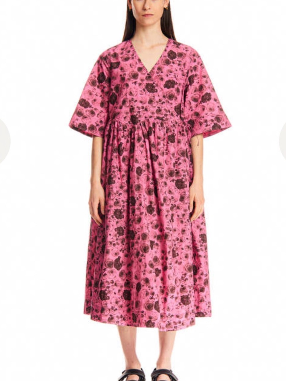 Ganni Oversized Wrap Pink Floral V‑Neck Midi Dress